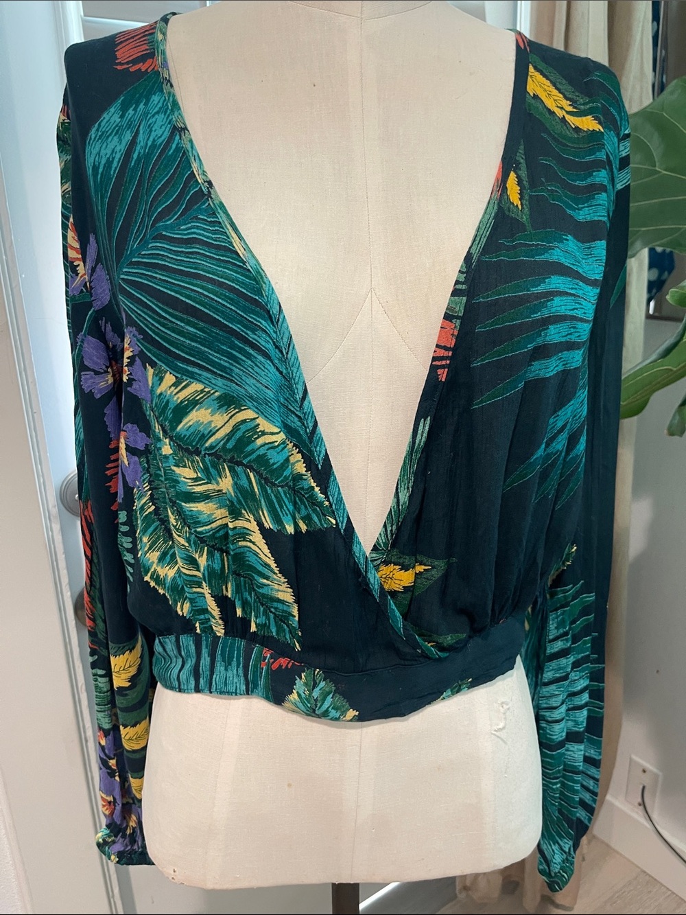 Patrons of Peace Tropical Print Deep V-Neck Women's Top - Green
